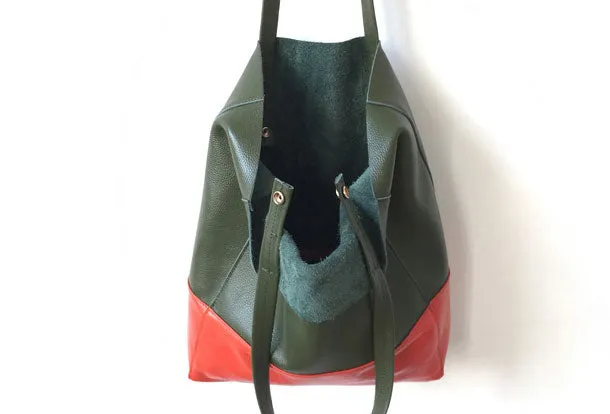 Dark Brown&Orange Leather Tote Bag Two Tone Tote Bag Womens Two Tone Purse Leather Work Tote Bag