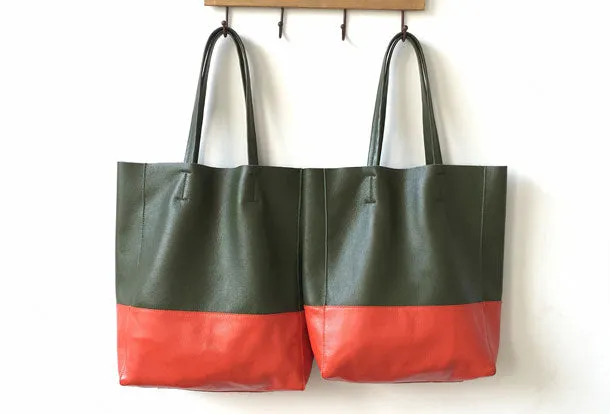 Dark Brown&Orange Leather Tote Bag Two Tone Tote Bag Womens Two Tone Purse Leather Work Tote Bag