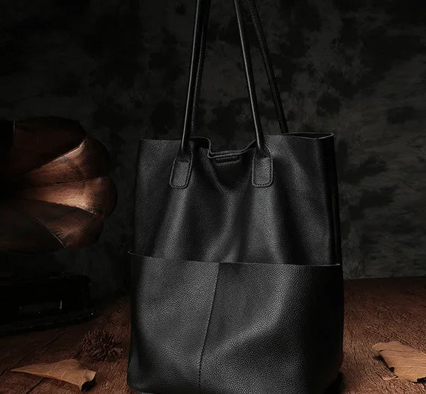 Fashion Black Leather Tote Bag Shopper Bag Brown Tote Purse For Women