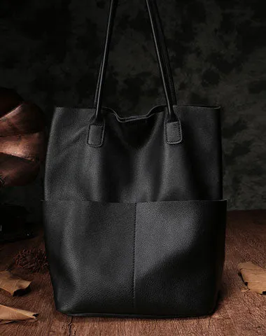 Fashion Black Leather Tote Bag Shopper Bag Brown Tote Purse For Women