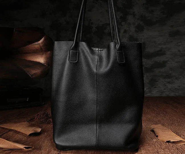 Fashion Black Leather Tote Bag Shopper Bag Brown Tote Purse For Women