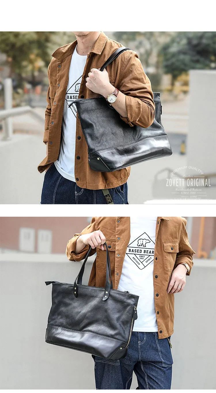 Fashion Coffee Leather Men Womens 14 inches Black Tote Bag Shoulder Tote Bag For Men