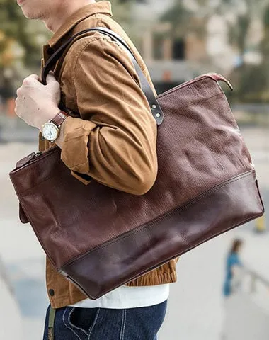 Fashion Coffee Leather Men Womens 14 inches Black Tote Bag Shoulder Tote Bag For Men