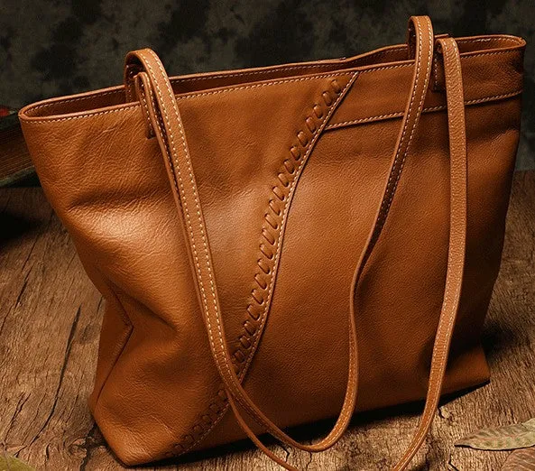 Fashion Handmade Brown Leather Tote Bag Shopper Bag Tote Purse For Women