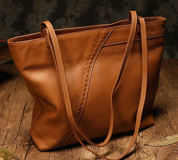 Fashion Handmade Brown Leather Tote Bag Shopper Bag Tote Purse For Women