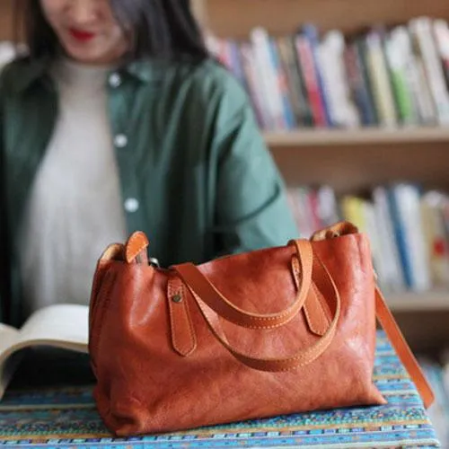 Fashion Women Brown Leather Small Tote Handbags Shoulder Bag Brown Shopper Purse Crossbody Bags