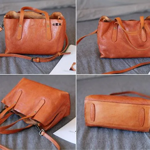 Fashion Women Brown Leather Small Tote Handbags Shoulder Bag Brown Shopper Purse Crossbody Bags