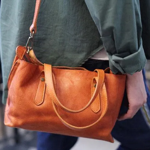 Fashion Women Brown Leather Small Tote Handbags Shoulder Bag Brown Shopper Purse Crossbody Bags