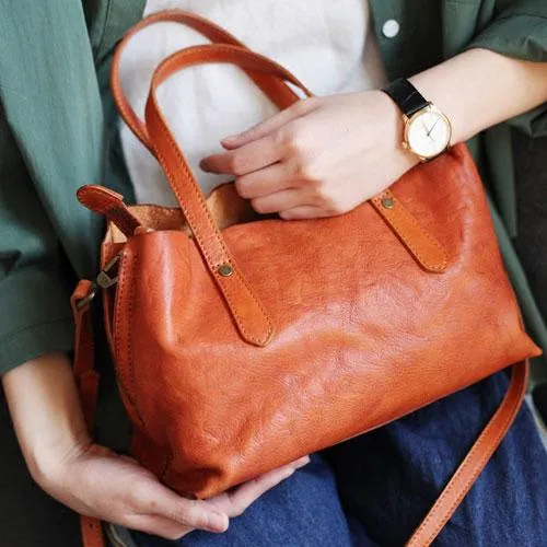 Fashion Women Brown Leather Small Tote Handbags Shoulder Bag Brown Shopper Purse Crossbody Bags