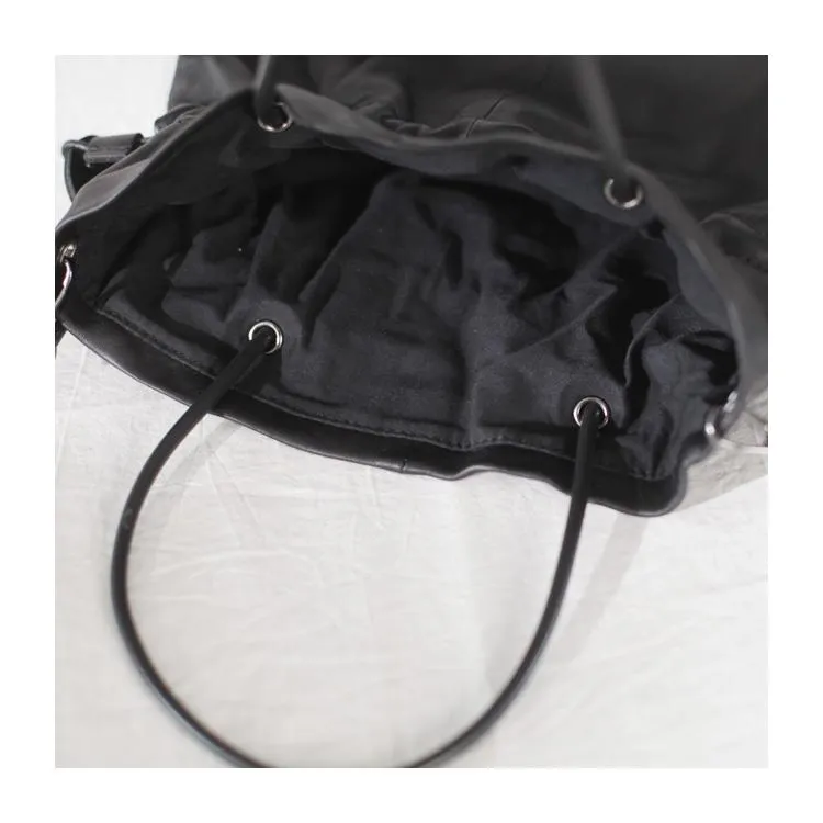 Fashion Womens Black Leather Drawstring Bucket Handbag Purse Womens Bucket Tote Bag for Ladies