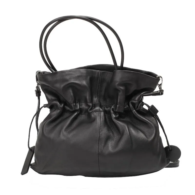 Fashion Womens Black Leather Drawstring Bucket Handbag Purse Womens Bucket Tote Bag for Ladies