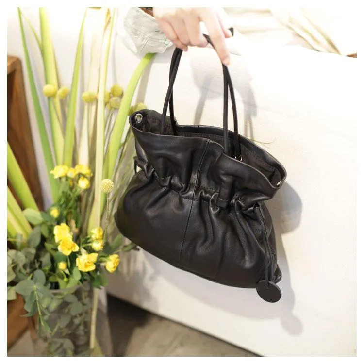 Fashion Womens Black Leather Drawstring Bucket Handbag Purse Womens Bucket Tote Bag for Ladies