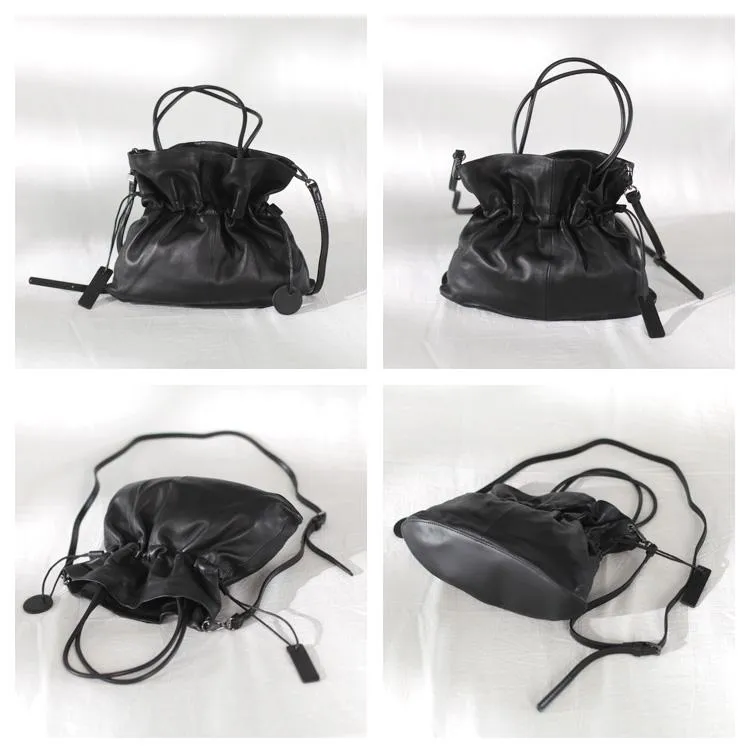 Fashion Womens Black Leather Drawstring Bucket Handbag Purse Womens Bucket Tote Bag for Ladies