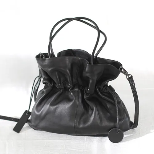 Fashion Womens Black Leather Drawstring Bucket Handbag Purse Womens Bucket Tote Bag for Ladies
