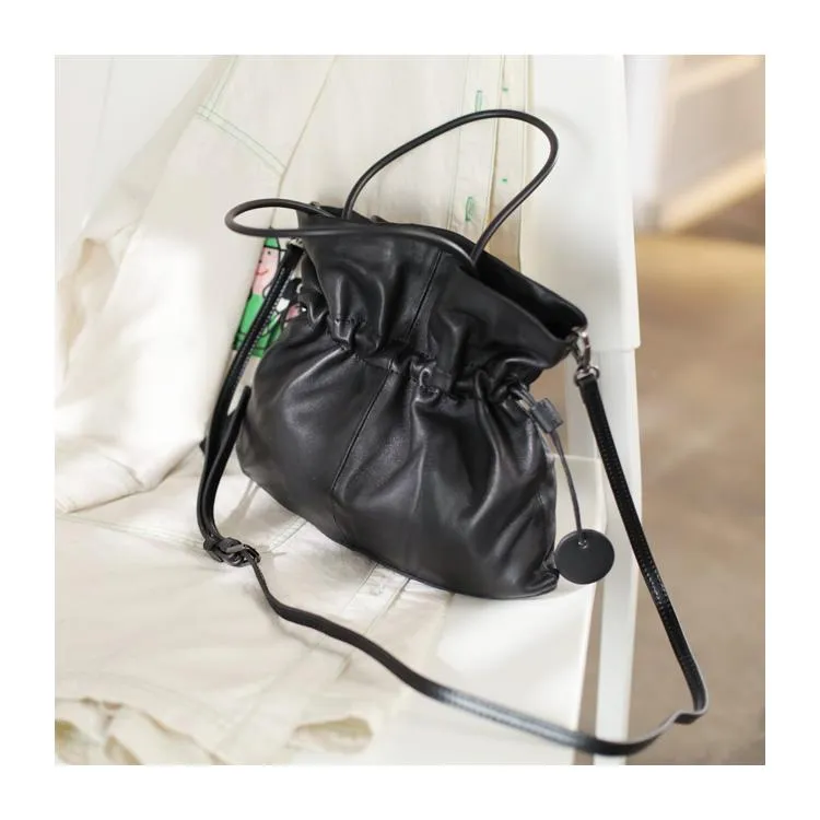 Fashion Womens Black Leather Drawstring Bucket Handbag Purse Womens Bucket Tote Bag for Ladies