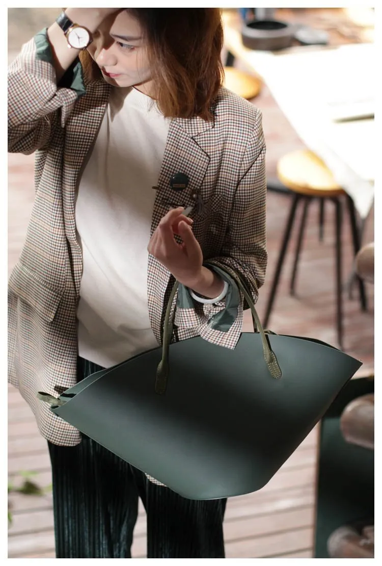Fashion Womens Black Leather Tote Handbag Purse Green Womens Shopper Bag Work Purse
