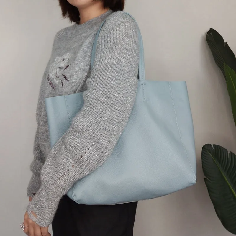 Fashion Womens Blue Leather Oversize Tote Bag Blue Shoulder Tote Bag Handbag Tote For Women