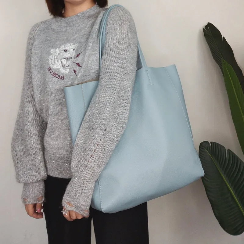 Fashion Womens Blue Leather Oversize Tote Bag Blue Shoulder Tote Bag Handbag Tote For Women