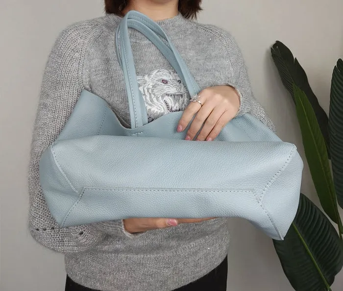 Fashion Womens Blue Leather Oversize Tote Bag Blue Shoulder Tote Bag Handbag Tote For Women