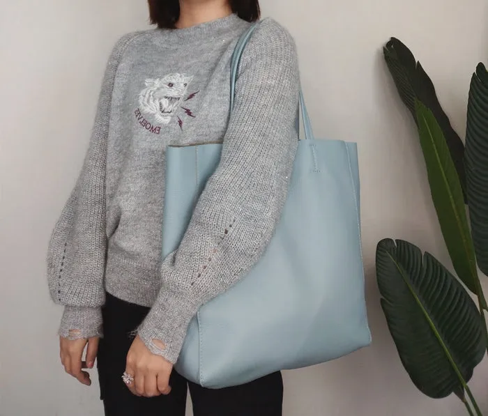 Fashion Womens Blue Leather Oversize Tote Bag Blue Shoulder Tote Bag Handbag Tote For Women