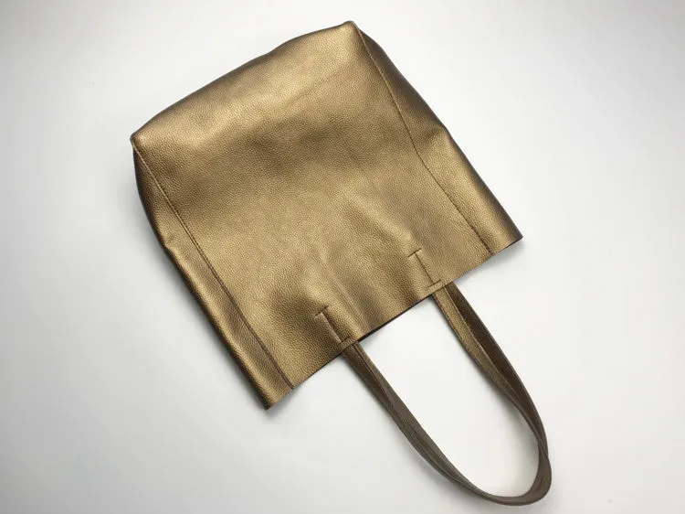 Fashion Womens Bronze Silver Leather Vertical Tote Bags Bronze Silver Shoulder Tote Bags Bronze Silver Handbags Tote For Women