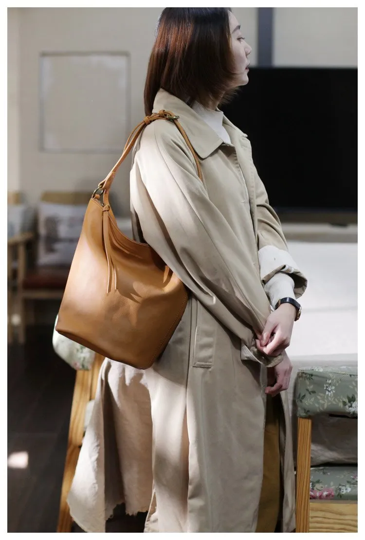 Fashion Womens Brown Leather Bucket Shoulder Bag Soft Leather Zipper White Tote Bucket Crossbody Bag Side Purse
