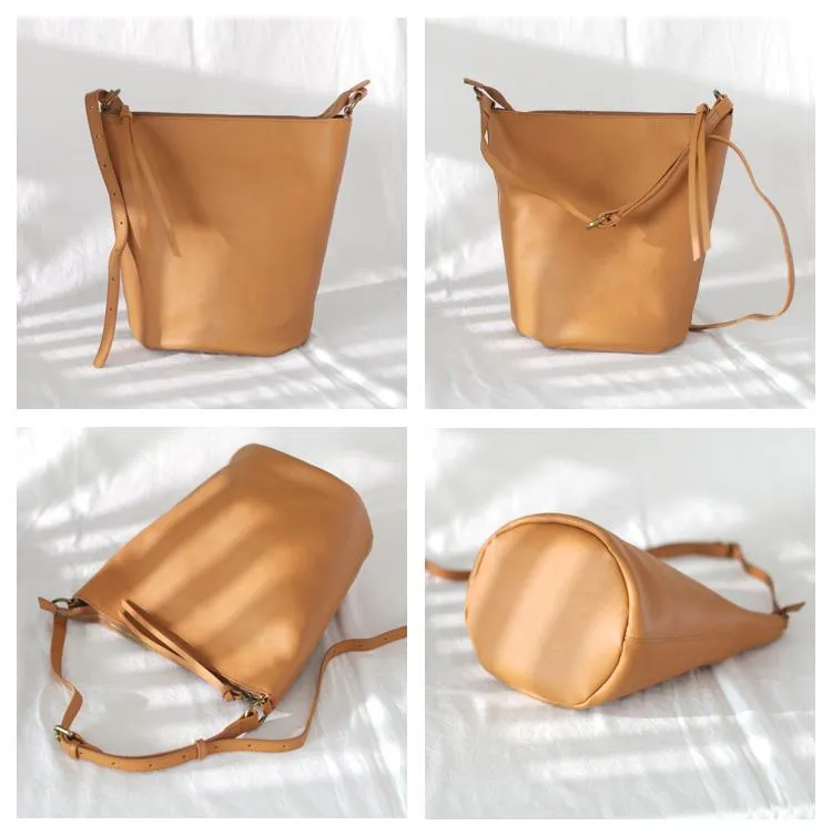 Fashion Womens Brown Leather Bucket Shoulder Bag Soft Leather Zipper White Tote Bucket Crossbody Bag Side Purse