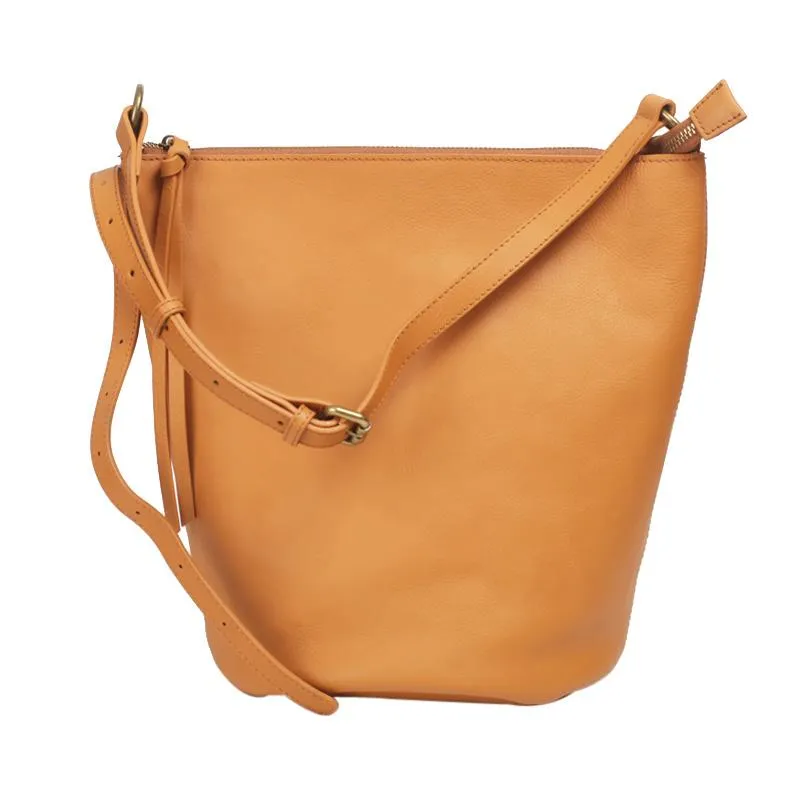 Fashion Womens Brown Leather Bucket Shoulder Bag Soft Leather Zipper White Tote Bucket Crossbody Bag Side Purse