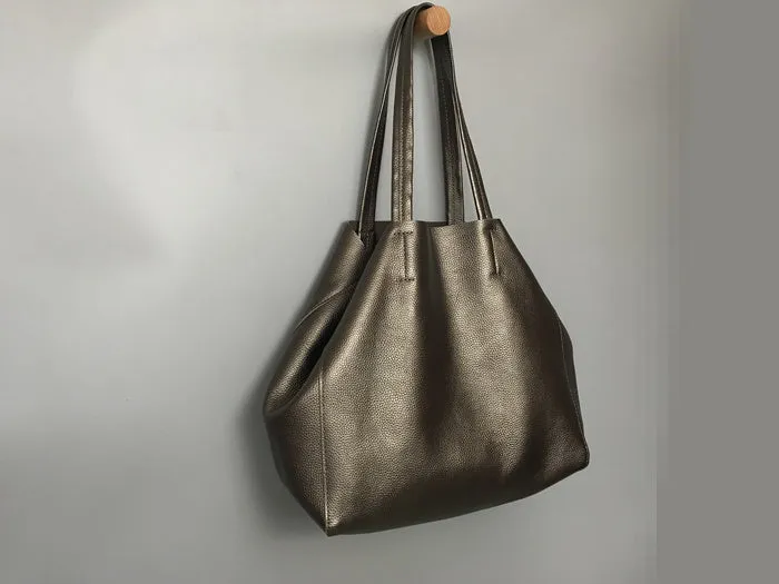 Fashion Womens Gold Leather Oversize Tote Bags Bronze Shoulder Tote Bag Handbag Tote For Women