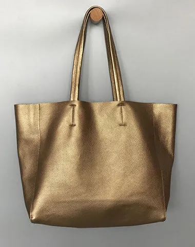 Fashion Womens Gold Leather Oversize Tote Bags Shoulder Bronze Silver Tote Bags Handbag Tote For Women