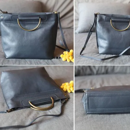 Fashion Womens Gray Leather Top Handle Tote Handbag Leather Shoulder Tote Bag Purse
