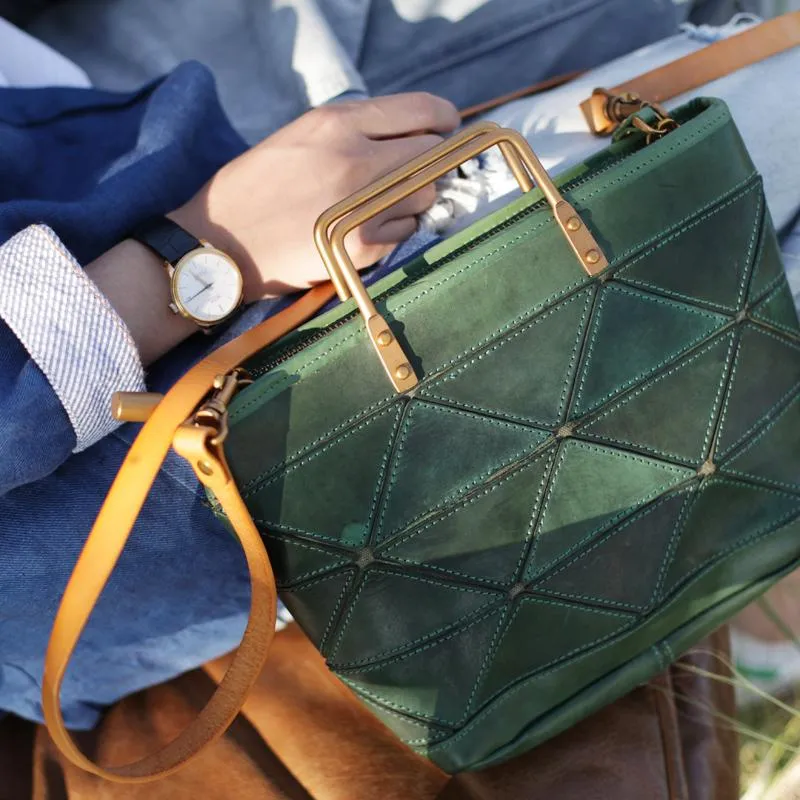 Fashion Womens Green Leather Woven Tote Bag Weaved Shoulder Bag Zipper Handbag for Women