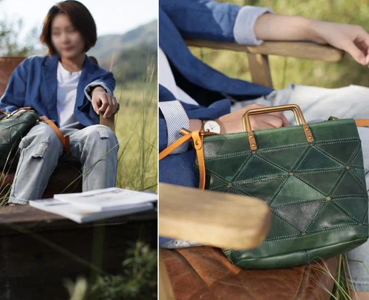 Fashion Womens Green Leather Woven Tote Bag Weaved Shoulder Bag Zipper Handbag for Women