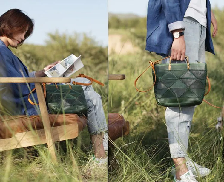 Fashion Womens Green Leather Woven Tote Bag Weaved Shoulder Bag Zipper Handbag for Women