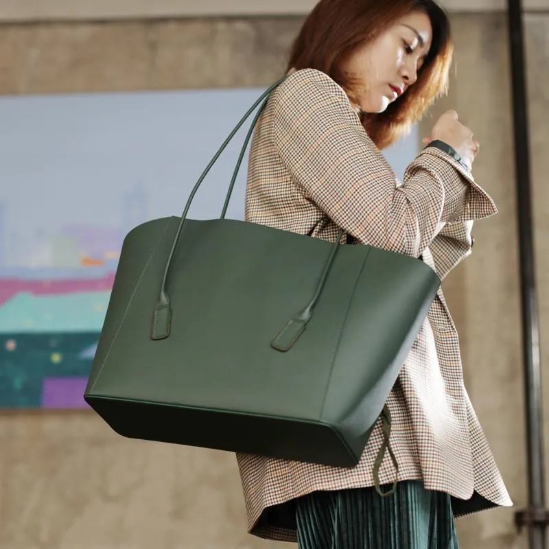 Fashion Womens Large Black Leather 14" Tote Bags For Work Green Leather Shopper Tote Bag 2019