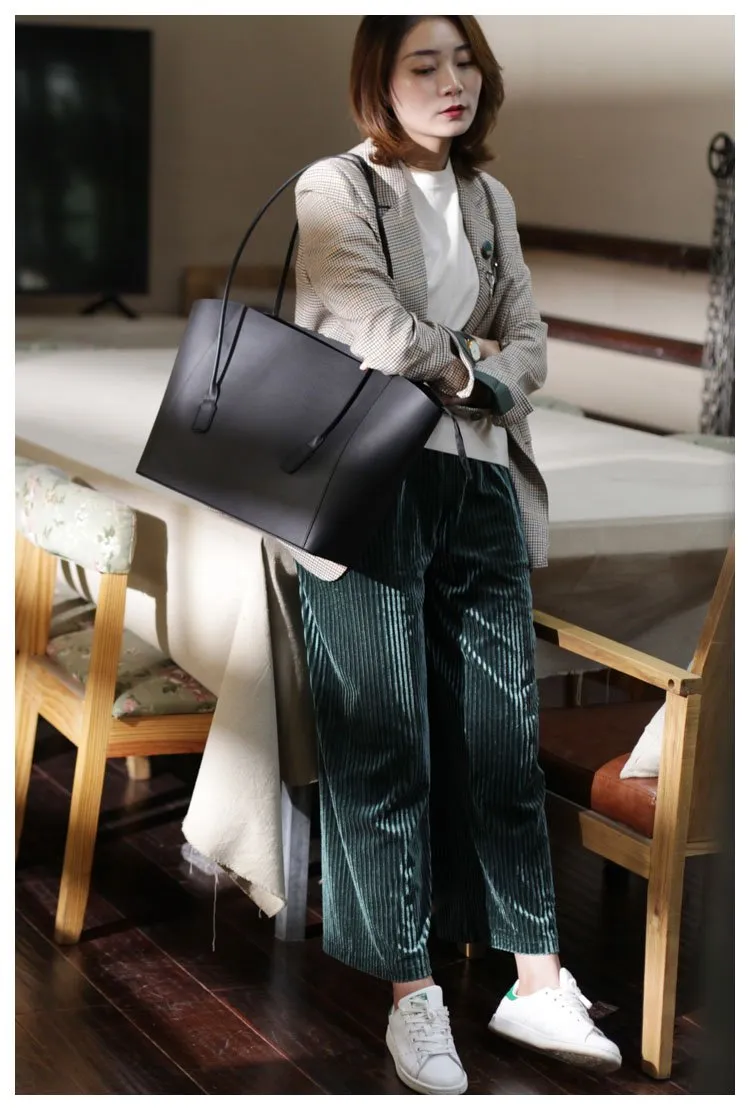 Fashion Womens Large Black Leather 14" Tote Bags For Work Green Leather Shopper Tote Bag 2019