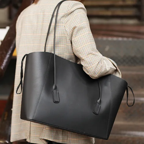 Fashion Womens Large Black Leather 14" Tote Bags For Work Green Leather Shopper Tote Bag 2019