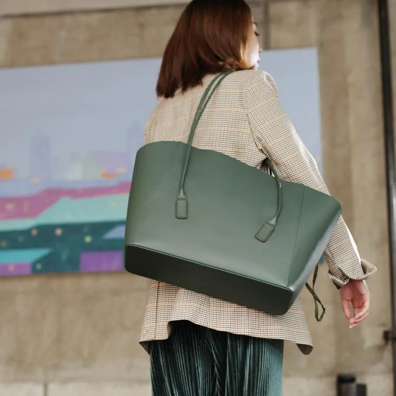 Fashion Womens Large Black Leather 14" Tote Bags For Work Green Leather Shopper Tote Bag 2019