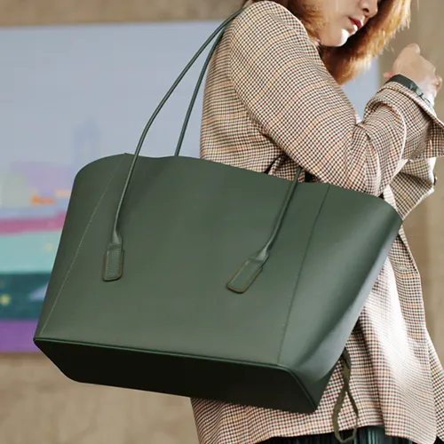Fashion Womens Large Black Leather 14" Tote Bags For Work Green Leather Shopper Tote Bag 2019