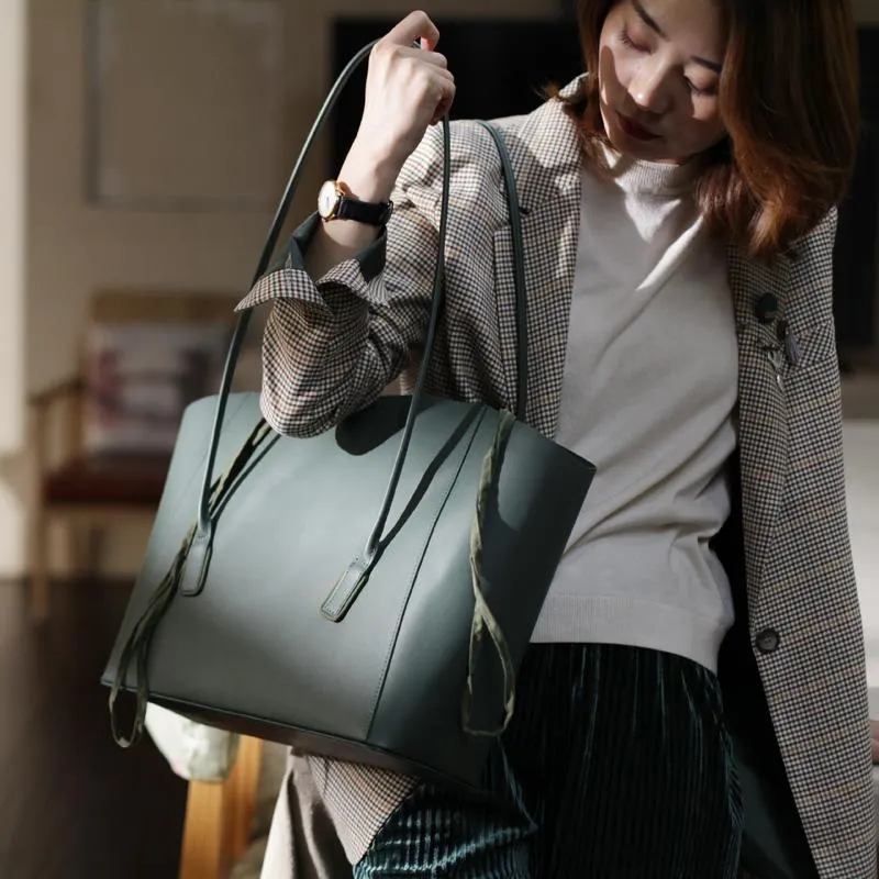 Fashion Womens Large Black Leather 14" Tote Bags For Work Green Leather Shopper Tote Bag 2019