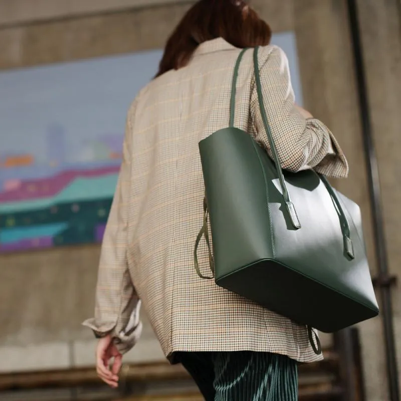 Fashion Womens Large Black Leather 14" Tote Bags For Work Green Leather Shopper Tote Bag 2019