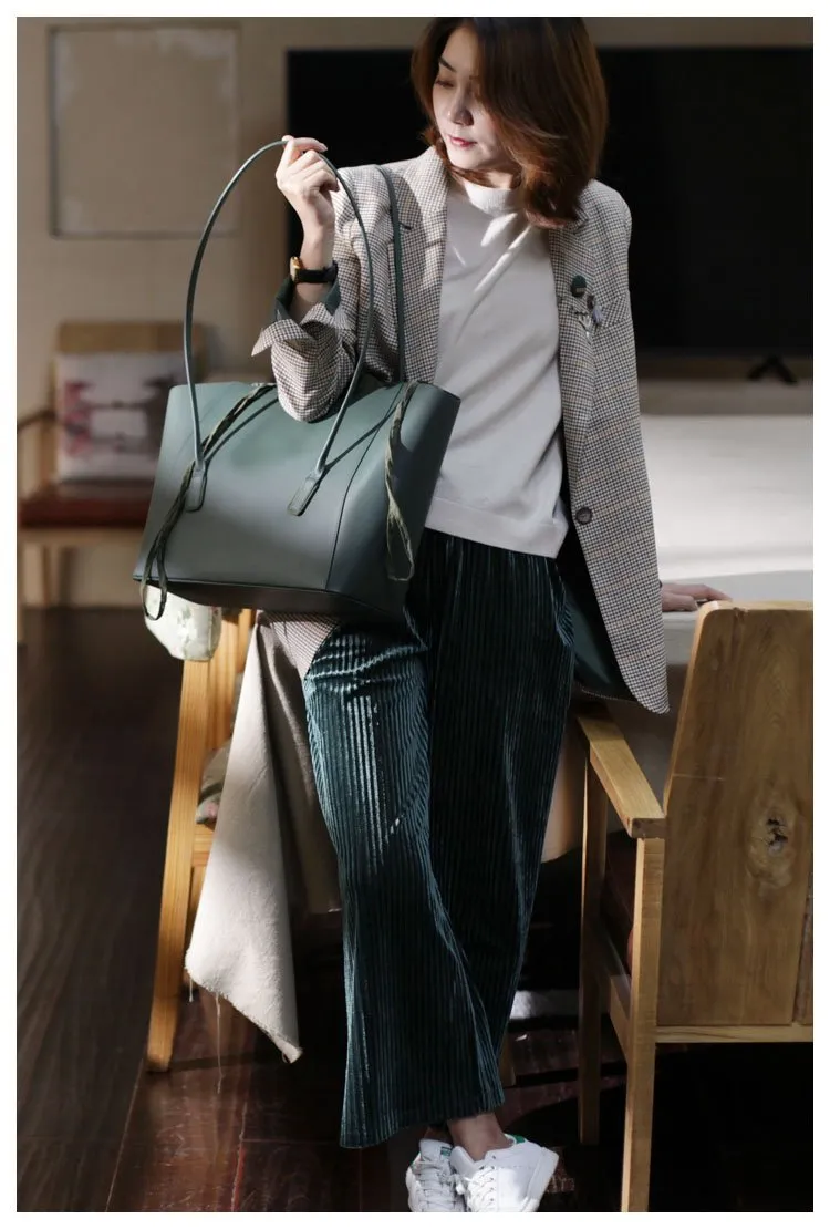 Fashion Womens Large Green Leather Tote Bags For Work Black Shopper Tote Bag for Ladies