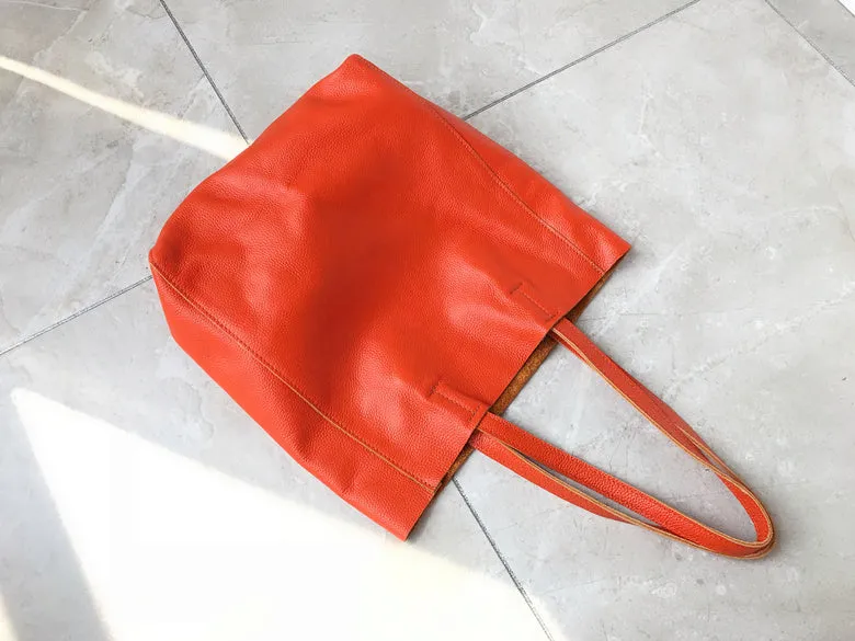 Fashion Womens Orange Leather Vertical Tote Bags Orange Shoulder Tote Bags Orange Handbags Tote For Women