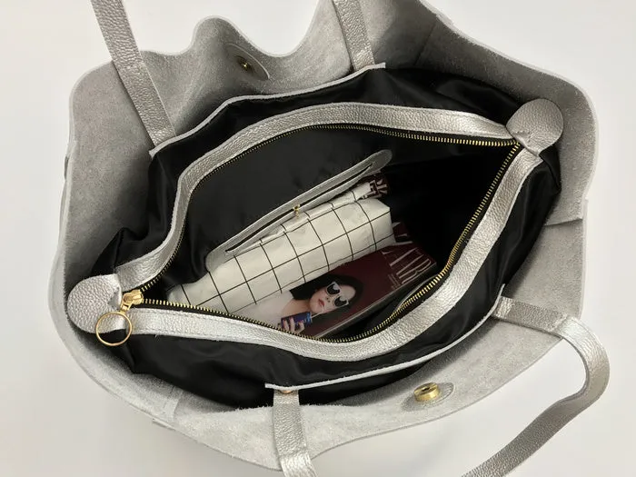 Fashion Womens Silver Leather Oversize Tote Bag Black Shoulder Tote Bag Handbag Tote For Women