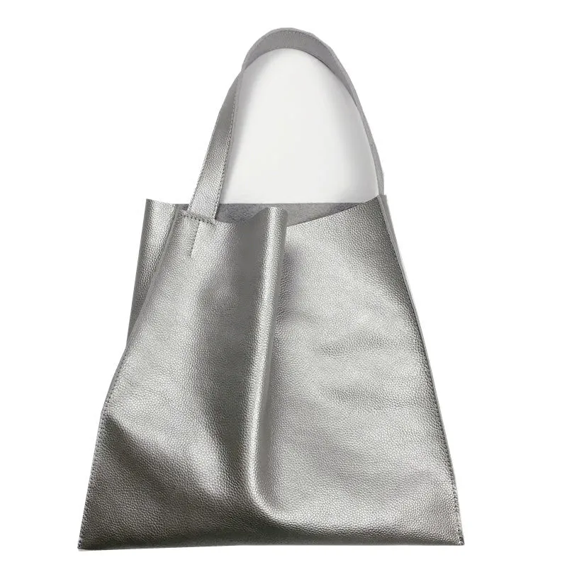 Fashion Womens Silver Leather Vertical Tote Bag Silver Shoulder Tote Bags Handbag Tote For Women