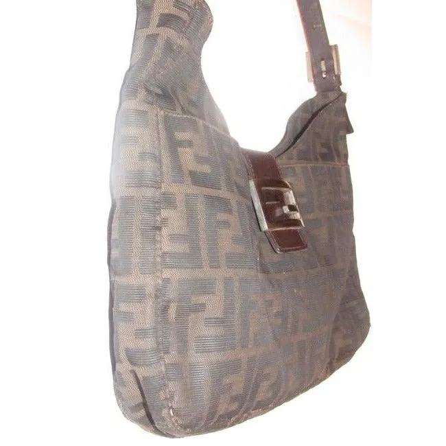 Fendi Hobo Style Tobacco Zucco Print Canvas And Leather Shoulder Bag
