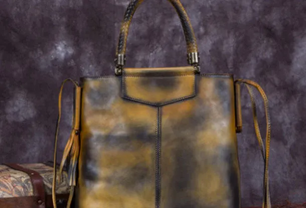 Genuine Leather Handbag Vintage Tote Woven Tassel Crossbody Bag Shoulder Bag Purse For Women