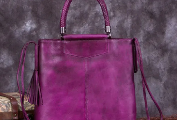 Genuine Leather Handbag Vintage Tote Woven Tassel Crossbody Bag Shoulder Bag Purse For Women
