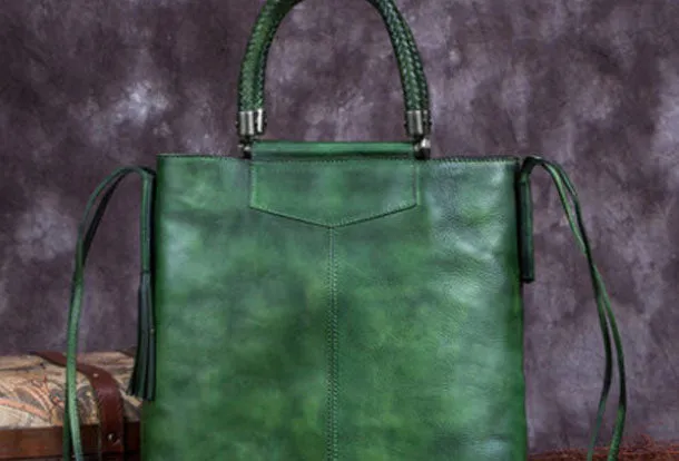 Genuine Leather Handbag Vintage Tote Woven Tassel Crossbody Bag Shoulder Bag Purse For Women