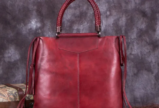 Genuine Leather Handbag Vintage Tote Woven Tassel Crossbody Bag Shoulder Bag Purse For Women